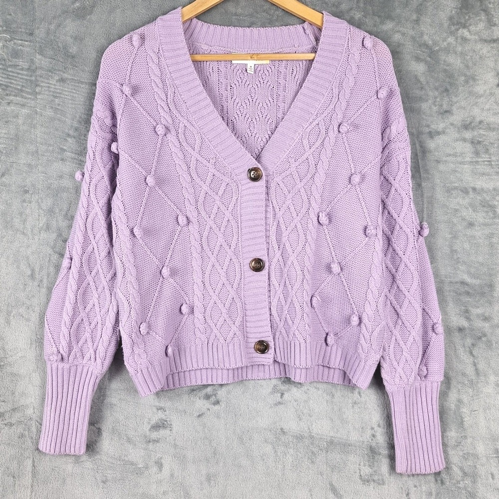 Womens Cardigan Sweater Medium Preppy Cable Knit Cottage Fishermen Bobble Chunky